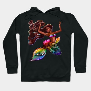 mermaid rainbow fins flowing red locs Afro hair and brown skin. African American Mermaids Hoodie